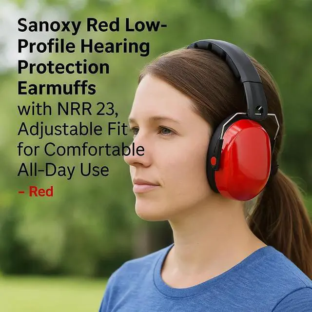 Alt view image 3 of 6 - Sanoxy Red Low-Profile Hearing Protection Earmuffs with NRR 23, Adjustable Fit for Comfortable All-Day Use-Red