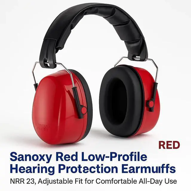 Alt view image 5 of 6 - Sanoxy Red Low-Profile Hearing Protection Earmuffs with NRR 23, Adjustable Fit for Comfortable All-Day Use-Red