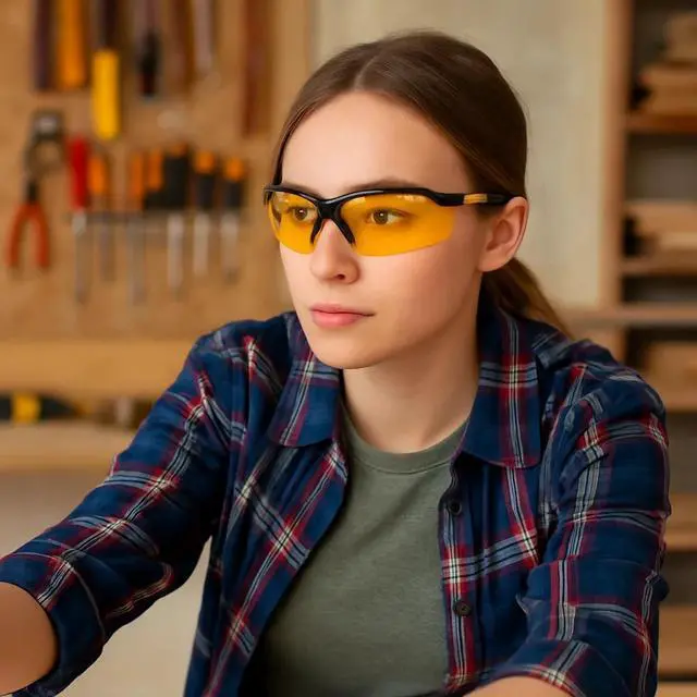 Alt view image 4 of 7 - Sanoxy Safety Glasses with Wraparound Design, UV Protection, Rubber Nosepiece and Black Temples  Impact-Resistant PC Lens Yellow