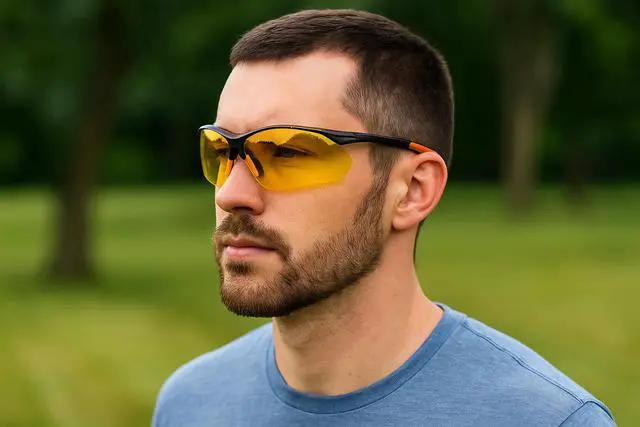 Alt view image 6 of 7 - Sanoxy Safety Glasses with Wraparound Design, UV Protection, Rubber Nosepiece and Black Temples  Impact-Resistant PC Lens Yellow