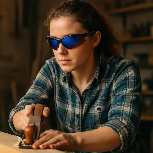 Alt view image 2 of 5 - Sanoxy Safety Glasses with Wraparound Design, UV Protection, Rubber Nosepiece and Black Temples  Impact-Resistant PC Lens Blue