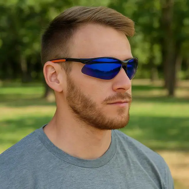 Alt view image 3 of 5 - Sanoxy Safety Glasses with Wraparound Design, UV Protection, Rubber Nosepiece and Black Temples  Impact-Resistant PC Lens Blue