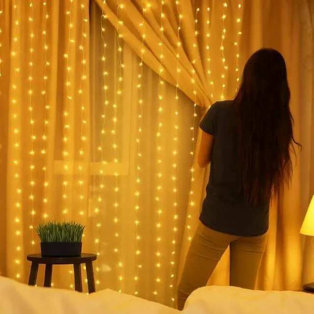 Alt view image 5 of 5 - Elegani 200 LED Warm White Curtain String Lights  6.6ft x 6.6ft Plug-In, 8 Lighting Modes, Indoor/Outdoor Use, Ideal for Bedroom, Window, Party, and Holiday Decor