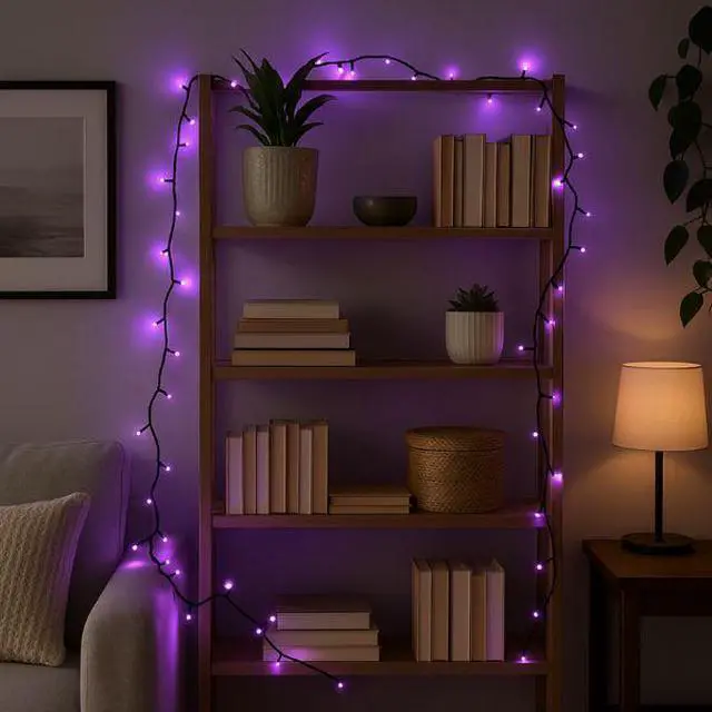 Alt view image 7 of 7 - Elegani 100 LED String Lights with Connector  Purple Lights on Green Wire, Indoor Outdoor Waterproof Holiday Lighting-32ft