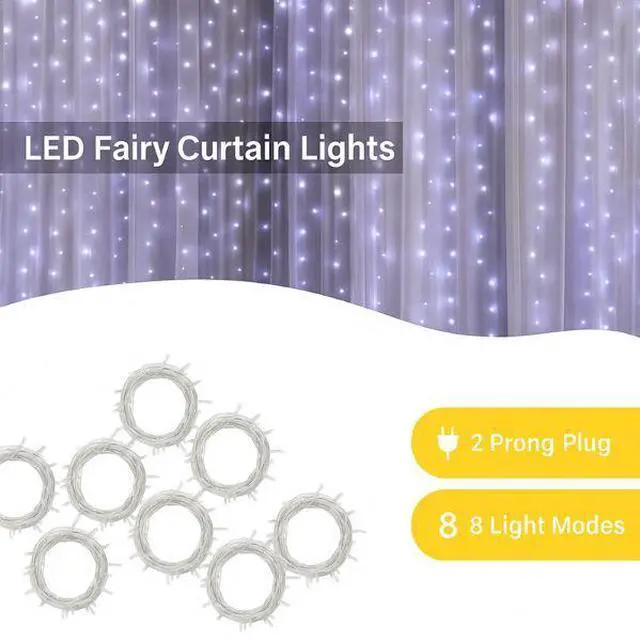 Alt view image 4 of 5 - Elegani 200 LED Cool White Curtain String Lights  6.6ft x 6.6ft Plug-In with 8 Lighting Modes, Indoor/Outdoor Use, Ideal for Bedroom, Window, Party, and Holiday Decor