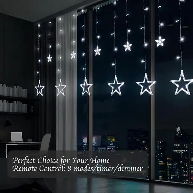 Alt view image 3 of 6 - Elegani 138 LED Star Curtain Light  White Hanging String Lights with 12 Stars, 8 Lighting Modes, Plug-in, for Indoor Outdoor Room Party Backdrop