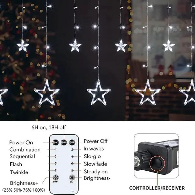 Alt view image 5 of 6 - Elegani 138 LED Star Curtain Light  White Hanging String Lights with 12 Stars, 8 Lighting Modes, Plug-in, for Indoor Outdoor Room Party Backdrop