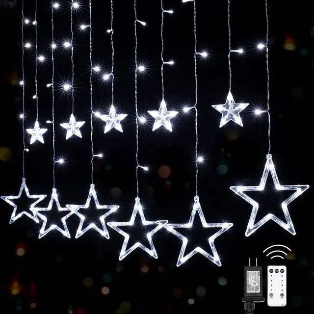 Alt view image 4 of 6 - Elegani 138 LED Star Curtain Light  White Hanging String Lights with 12 Stars, 8 Lighting Modes, Plug-in, for Indoor Outdoor Room Party Backdrop