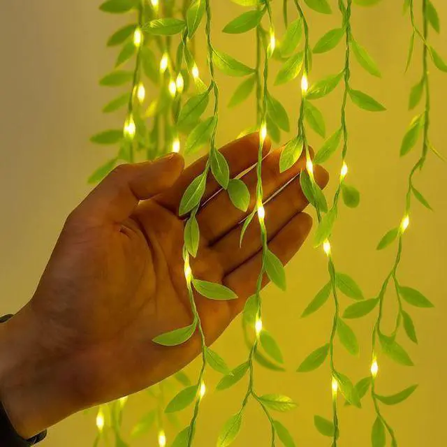 Alt view image 5 of 5 - Elegani 96 LED Green Leaf Vine Fairy Curtain Lights  5.2ft x 2ft Hanging Faux Garland Lighted Backdrop with 6 Strands, Warm White Glow, Indoor Outdoor Decorative Wall or Patio Light