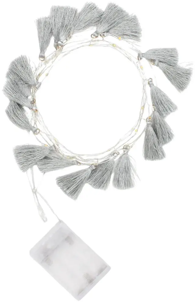 Alt view image 2 of 6 - Elegani Boho Tassel Fairy String Lights  20 LED Warm White on 7.7ft Silver Copper Wire with 20 Large 3" Grey Tassels, Indoor Decorative Lighting
