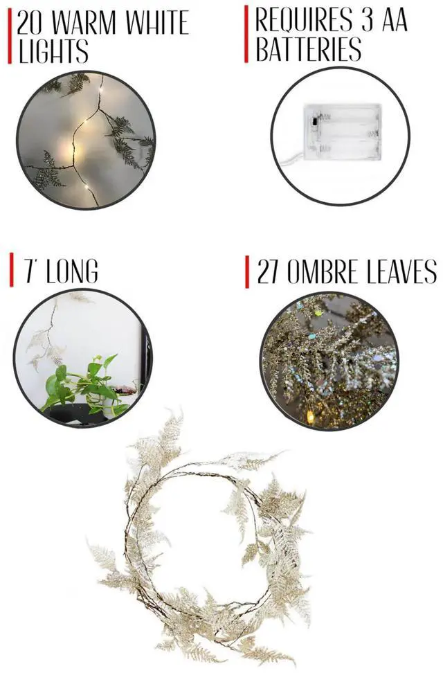 Alt view image 2 of 4 - Elegani 20 LED Gold Iridescent Glitter Fern Fairy Lights  7' Twinkle Garland with Warm White LEDs