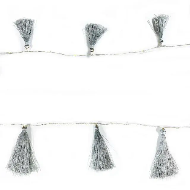 Alt view image 4 of 5 - Elegani Boho Tassel Fairy String Lights  20 LED Warm White Lights with Soft Grey Tassels, 7ft Decorative Light for Bedroom, Nursery, Dorm, or Party Décor-SMALL