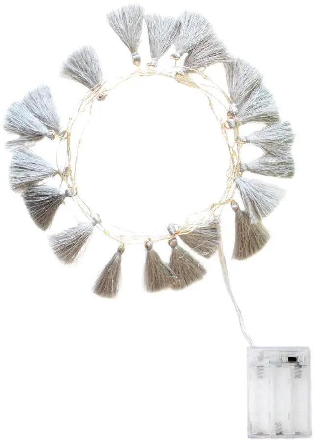 Alt view image 3 of 5 - Elegani Boho Tassel Fairy String Lights  20 LED Warm White Lights with Soft Grey Tassels, 7ft Decorative Light for Bedroom, Nursery, Dorm, or Party Décor-SMALL