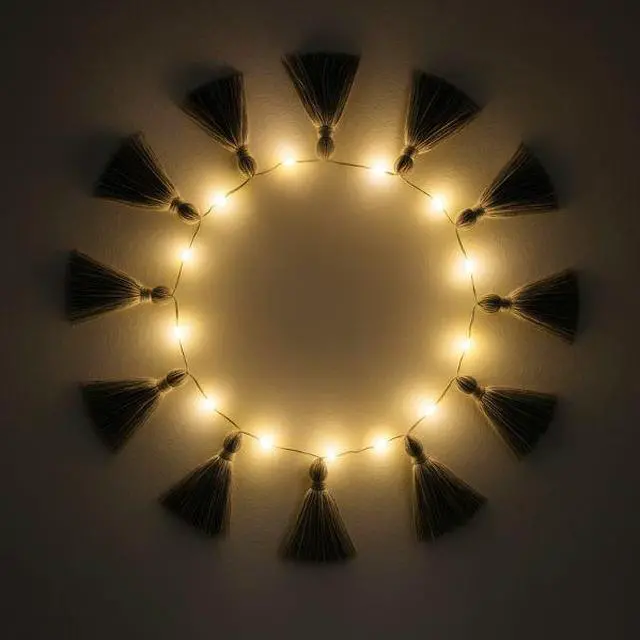 Alt view image 5 of 5 - Elegani Boho Tassel Fairy String Lights  20 LED Warm White Lights with Soft Grey Tassels, 7ft Decorative Light for Bedroom, Nursery, Dorm, or Party Décor-SMALL