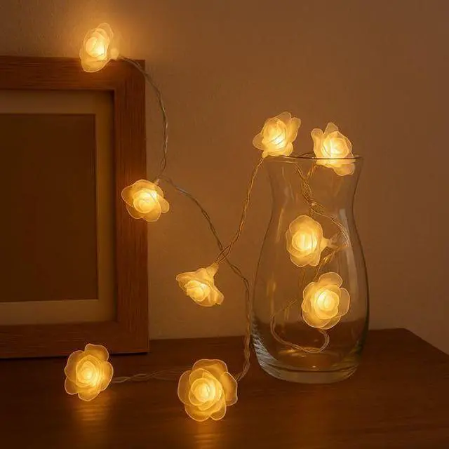 Alt view image 5 of 5 - Elegani 20 LED Rose Flower String Lights  Warm White 5mm LEDs with PVC Roses, Romantic Floral Lighting for Indoor Decor, Weddings, Bedrooms, Parties-12ft