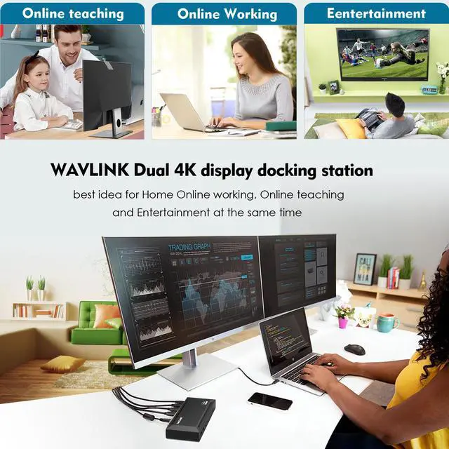 Alt view image 9 of 18 - Wavlink USB C Laptop Docking Station Dual Monitor 5K/4K@60Hz with 65W Charging for New MacBook Neo, Thunderbolt 4/3, USB-C Windows, Mac, Chrome,Ubuntu 20.04,22.04(2HDMI, 2DP, 6 USB 3.0, 1Gbps Ethernet