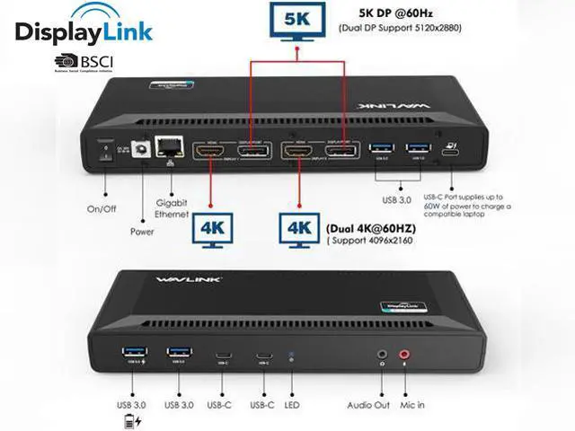 Alt view image 3 of 18 - Wavlink USB C Laptop Docking Station Dual Monitor 5K/4K@60Hz with 65W Charging for New MacBook Neo, Thunderbolt 4/3, USB-C Windows, Mac, Chrome,Ubuntu 20.04,22.04(2HDMI, 2DP, 6 USB 3.0, 1Gbps Ethernet