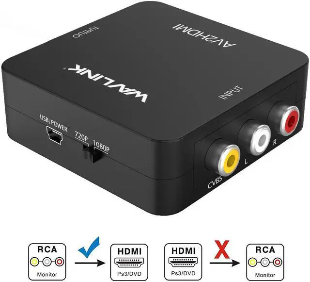 Alt view image 6 of 7 - Wavlink 1080P Mini AV to HDMI Converter Adapter RCA Composite CVSB AV to HDMI Video Audio AV2HDMI Converter Support PAL/ NTSC SECAM with USB Cable for TV/ PC/ PS3/ STB/ Xbox VHS / VCR / DVD - Black