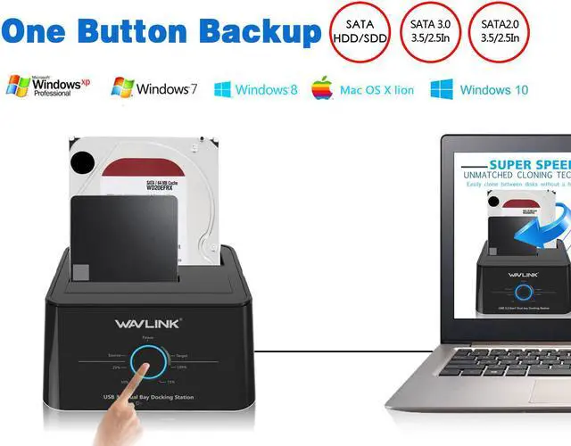 Alt view image 3 of 7 - Wavlink USB 3.0 Dual Bay HDD/SSD Docking Station with UASP (6Gbps) for All SATA 2.5" 3.5" Hard Disk Offline Clone + One Button Backup Multitask External Storage Enclosure With USB3.0 to USB C Adapter