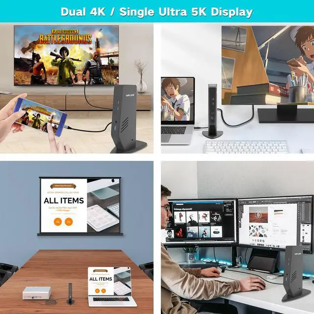 Alt view image 2 of 7 - Wavlink USB 3.0/USB-C Dual 4K Universal Laptop Docking Station with Dual 4K@60Hz & Single 5K, 2 x DP, 2 x HDMI, 3 x USB 3.0, 2 x Type-C ports, Gigabit Ethernet, Audio&Mic For Windows Mac OS