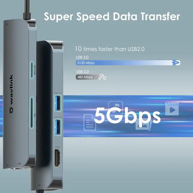 Alt view image 6 of 7 - WAVLINK USB-C Hub USB C to HDMI Adapter with 4K@30Hz HDMI 65W Laptop PD Charging, 2K 60Hz VGA, 1000Mbps Ethernet, SD/Mirco SD 3.0 Card Reader, 2 USB 3.0, for MacBook Pro, Windows, Chrome OS, Linux