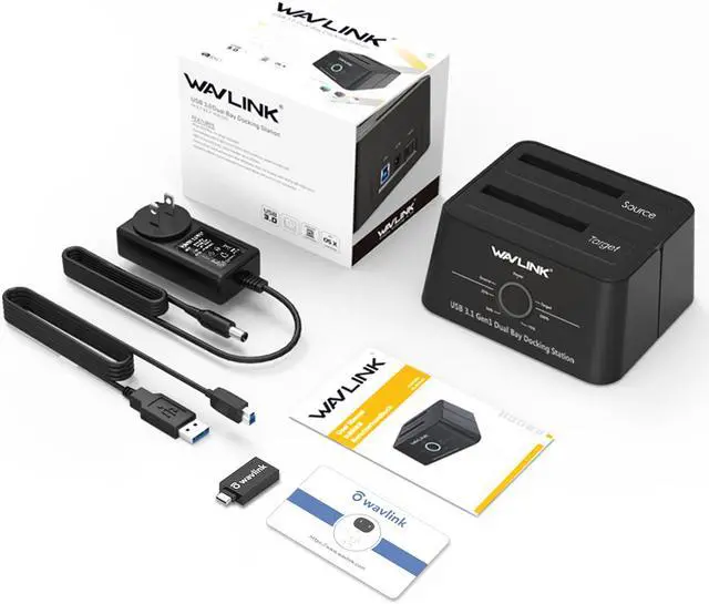 Alt view image 7 of 7 - Wavlink USB 3.0 Dual Bay HDD/SSD Docking Station with UASP (6Gbps) for All SATA 2.5" 3.5" Hard Disk Offline Clone + One Button Backup Multitask External Storage Enclosure With USB3.0 to USB C Adapter