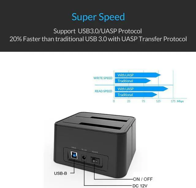 Alt view image 4 of 7 - Wavlink USB 3.0 Dual Bay HDD/SSD Docking Station with UASP (6Gbps) for All SATA 2.5" 3.5" Hard Disk Offline Clone + One Button Backup Multitask External Storage Enclosure With USB3.0 to USB C Adapter