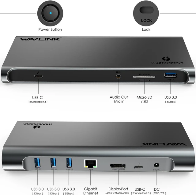 Alt view image 2 of 7 - WavlinkThunderbolt 3 Docking Station With 85W Power Delivery, Dual 4K Single 5K @60Hz, 2 Thunderbolt 3 Type-C, 4xUSB 3.0,Gigabit Ethernet, 1 DisplayPort, SD/Micro SD Card Reader, Intel CertiLaptops PC