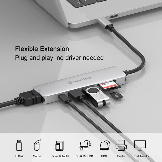 Alt view image 2 of 7 - WAVLINK USB C Hub, 7-in-2 Type C Adapter Mini Docking Station with Thunderbolt 3 USB C Port, 4K HDMI, 2 USB 3.0, SD/TF Card Reader, 100W PD for MacBook Pro 2016-2020 MacBook Air 2018-2020, Plug & Play