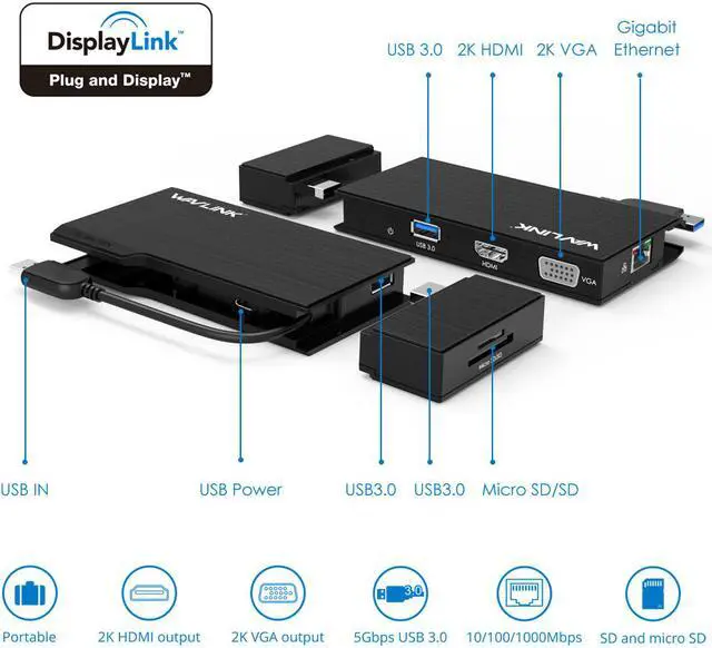 Alt view image 2 of 7 - Wavlink Universial USB 3.0 Dual-Head Mini Docking Multi-Display HDMI/VGA with Gigabit Ethernet, USB 3.0 Port, Removable Card Reader, HDMI up to 2560x1440 and VGA 1920x1200 Supports Windows