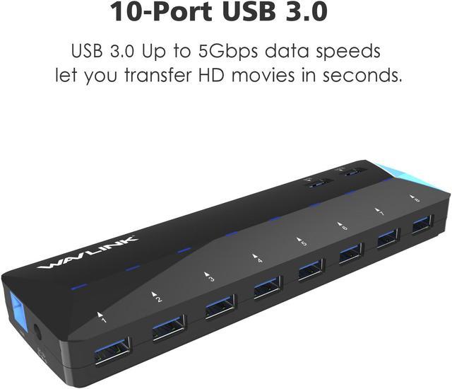 Wavlink 10 Port USB 3.0 Hub with 2x1.5A Fast USB Charging Port, 48W Power  Adapter