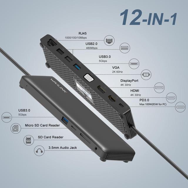 Alt view image 3 of 7 - Wavlink Triple Display USB C Docking Station With DP & HDMI &VGA, 85W PC Charging, USB 3.0 & 2.0 Ports, SD TF Card Reader, Gigabit Ethernet, Audio For Dell XPS 13/15,Lenovo Yoga,MacBook Pro, etc