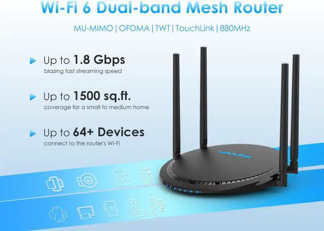 Alt view image 3 of 7 - Wavlink AX1800 Dual Band  Gigabit Wireless Router Wi-Fi 6 Router, 802.11ax, 
Parental Control, Mesh WiFi Support, Up to 1500 Square Feet Coverage, 4 Gigabit LAN ports, MU-MIMO, OFDMA,
VPN,Beamforming