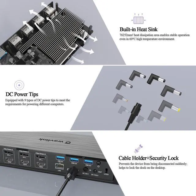 Alt view image 7 of 7 - WAVLINK DisplayLink Laptop Docking Station, Quad Monitor 5K/4K@60Hz, 100W Charging For Thunderbolt 4/3, USB-C/A - M1 M2 Mac/Windows/Chrome/Ubuntu With 4 HDMI, 4 DP, 180W Power, SD 4.0 CR, 2.5Gbps LAN