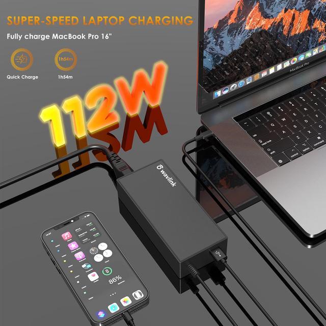 Alt view image 2 of 7 - Wavlink 112W USB C Universal Laptop Charger 100W AC Adapter Portable Laptop Adapter Computer Power Supply Cord with USB A Output for MacBook Huawei Lenovo HP Dell Samsung Acer Chromebooks and More