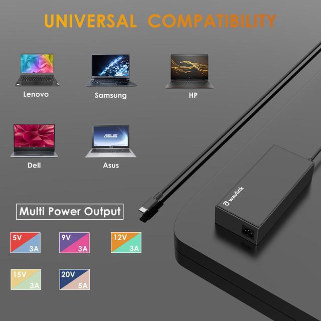 Alt view image 5 of 7 - Wavlink 112W USB C Universal Laptop Charger 100W AC Adapter Portable Laptop Adapter Computer Power Supply Cord with USB A Output for MacBook Huawei Lenovo HP Dell Samsung Acer Chromebooks and More