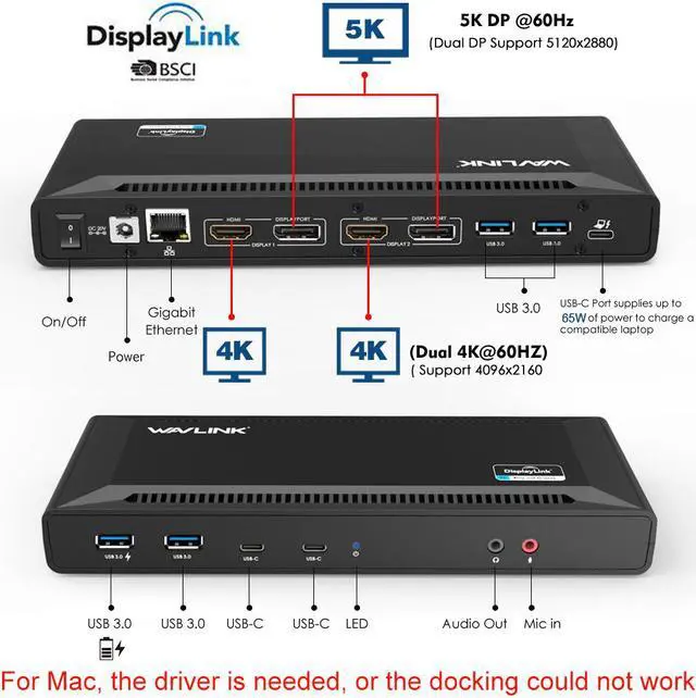 Alt view image 3 of 7 - Wavlink Universal USB C Laptop Docking Station Dual Monitor 5K/4K@60Hz with 65W Host Charging for Thunderbolt 4/3, USB-C Windows, Mac, Chrome, Ubuntu 20.04,22.04(2HDMI, 2DP, 6 USB 3.0, 1Gbps Ethernet