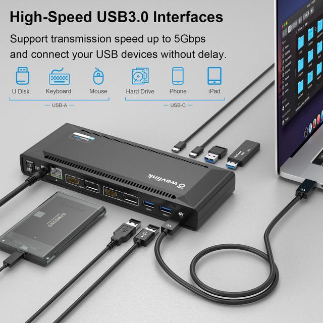 Alt view image 6 of 7 - Wavlink Universal USB C Laptop Docking Station with 100W Charging and Single 5K/Dual 4K@60Hz Display for Windows/MacOS/ChromeOS/Ubuntu ( 2xDP 1.2, 2xHDMI 2.0, Gigabit Ethernet, 6 USB 3.0, Audio/Mic)