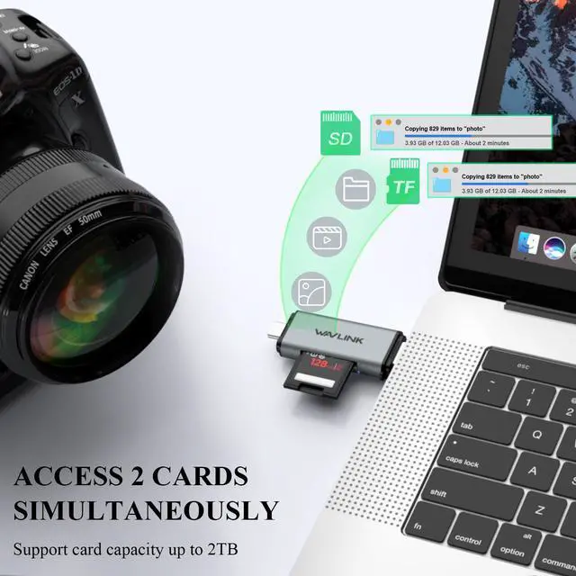 Alt view image 4 of 7 - Wavlink SD Card Reader, USB C+USB3.0 Micro SD Memory Card Reader Adapter for TF SD Micro SD SDXC SDHC MMC RS-MMC Micro SDXC Micro SDHC UHS-I, For MacBook Air/Pro, iPad Pro, Samsung Galaxy S21, Android