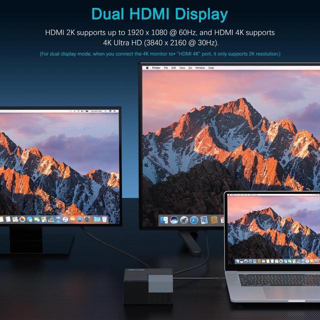 Alt view image 3 of 7 - Wavlink USB-C Docking Station USB 3.0 Laptop Universal Dock with Dual HDMI Display Single 4K, 100W PD Charging, 4 USB 3.0, BC 1.2 fast charging, 130W Power Adapter, Gigabit Ethernet, Audio, Mic