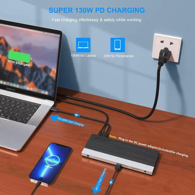 Alt view image 4 of 7 - Wavlink USB C Docking Station, 100W PD Charging Triple 4K Display Type-C Adapter with HDMI, 2 Display Ports, Ethernet Port, Micro SD and SD Card Reader, Audio, 4 USB 3.0 &1 USB-C port for Windows/Mac