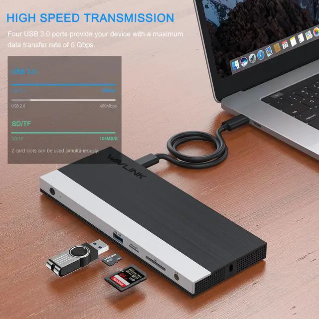 Alt view image 6 of 7 - WAVLINK USB C Laptop Docking Station Triple 4K Display With 65W PD Charging For PC, 2 DP & HDMI, 4 USB 3.0 &1 USB-C Ports, SD TF Card Reader, LAN, Audio for Windows/Mac