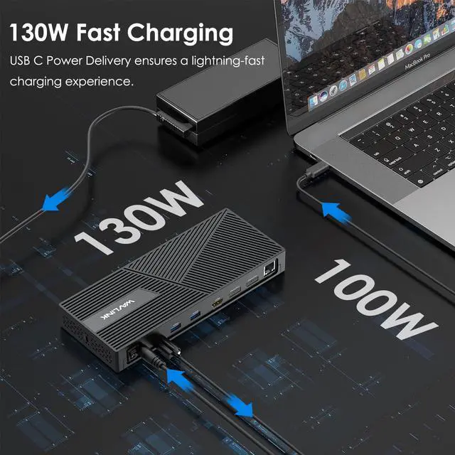Alt view image 5 of 7 - Wavlink USB-C Universal Triple 4K Display Laptop Docking Station, USB 3.0 Dock Supports 3 Monitors, Max 130W PD Charging, Dual DP, HDMI, 4*Type-A, Type-C, RJ45, Mic/Audio, For Windows Mac OS