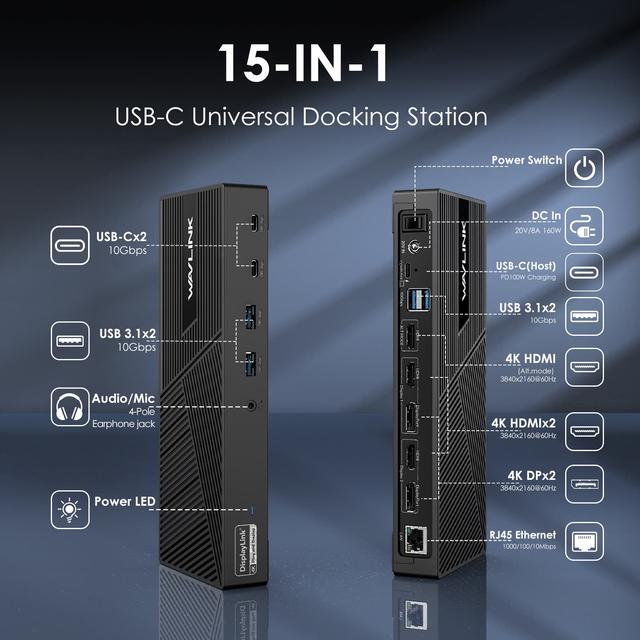 Alt view image 3 of 7 - Wavlink DisplayLink Laptop Docking Station Triple Monitor 4K@60Hz For 3 Monitors, 100W Charging For Thunderbolt 3/4, USB-C/A, M1 M2 Mac/Windows/Chrome, 3 HDMI, 2 DP, 6 USB Ports, 160W Power, LAN,Audio