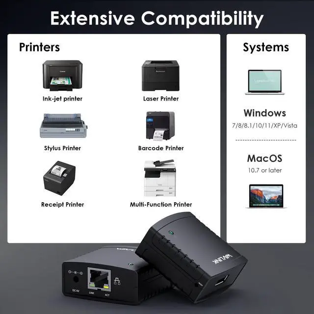 Alt view image 5 of 7 - Wavlink USB2.0 Network Print Server, LAN Print Share Server for USB Printers, LPR Print Protocol 10/100Mbps Computer Print Server Adapter for Windows 7/8/8.1/XP/10/11/Vista, MacOS 10.7 or above