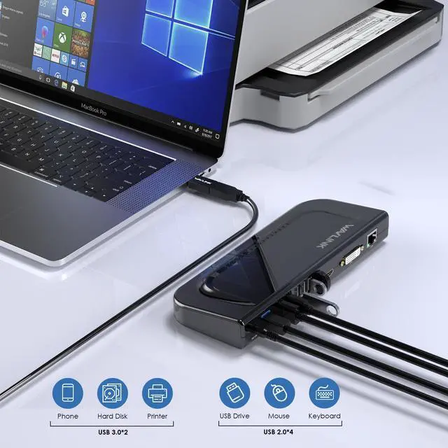 Alt view image 4 of 7 - Wavlink USB 3.0 4K Universal Laptop Docking Station, USB-C Hub Dual Monitor for M1/M2 Mac, Windows, Thunderbolt 3&4,  (Dual Video: HDMI and DVI/VGA/HDMI, Gigabit Ethernet, Audio, Mic,  6 USB Ports)