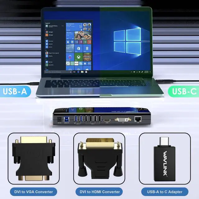 Alt view image 6 of 7 - Wavlink USB 3.0 4K Universal Laptop Docking Station, USB-C Hub Dual Monitor for M1/M2 Mac, Windows, Thunderbolt 3&4,  (Dual Video: HDMI and DVI/VGA/HDMI, Gigabit Ethernet, Audio, Mic,  6 USB Ports)