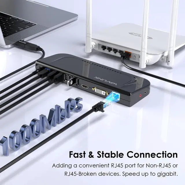 Alt view image 5 of 7 - Wavlink USB 3.0 4K Universal Laptop Docking Station, USB-C Hub Dual Monitor for M1/M2 Mac, Windows, Thunderbolt 3&4,  (Dual Video: HDMI and DVI/VGA/HDMI, Gigabit Ethernet, Audio, Mic,  6 USB Ports)