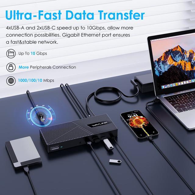 Alt view image 7 of 7 - Wavlink USB C Triple Monitor Docking station With 100W Laptop Charging, 10Gbps USB for Thunderbolt 3/4, Mac M1/M2/M3, USB4, Windows (3 HDMI, 2 DisplayPort, 2 USB-C, 4 USB3.1, Ethernet, Audio&Mic)