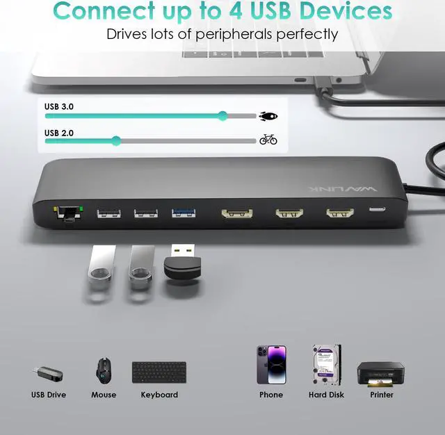 Alt view image 4 of 7 - WAVLINK USB C Triple Display Docking Station, USB C Dock 85W Charging for PC, Max 4K@60Hz with DisplayPort, 2 x HDMI, PD, USB 2.0/3.0, Gigabit Ethernet, SD/TF Slot, Audio Jack for Windows&Mac